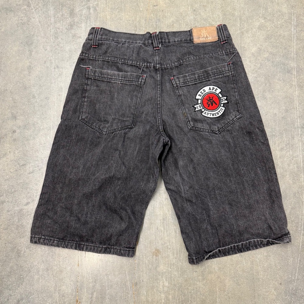 Red Ape Baggy Black Denim Shorts Men 38 Y2K Hip Hop Streetwear Embroidered Patch